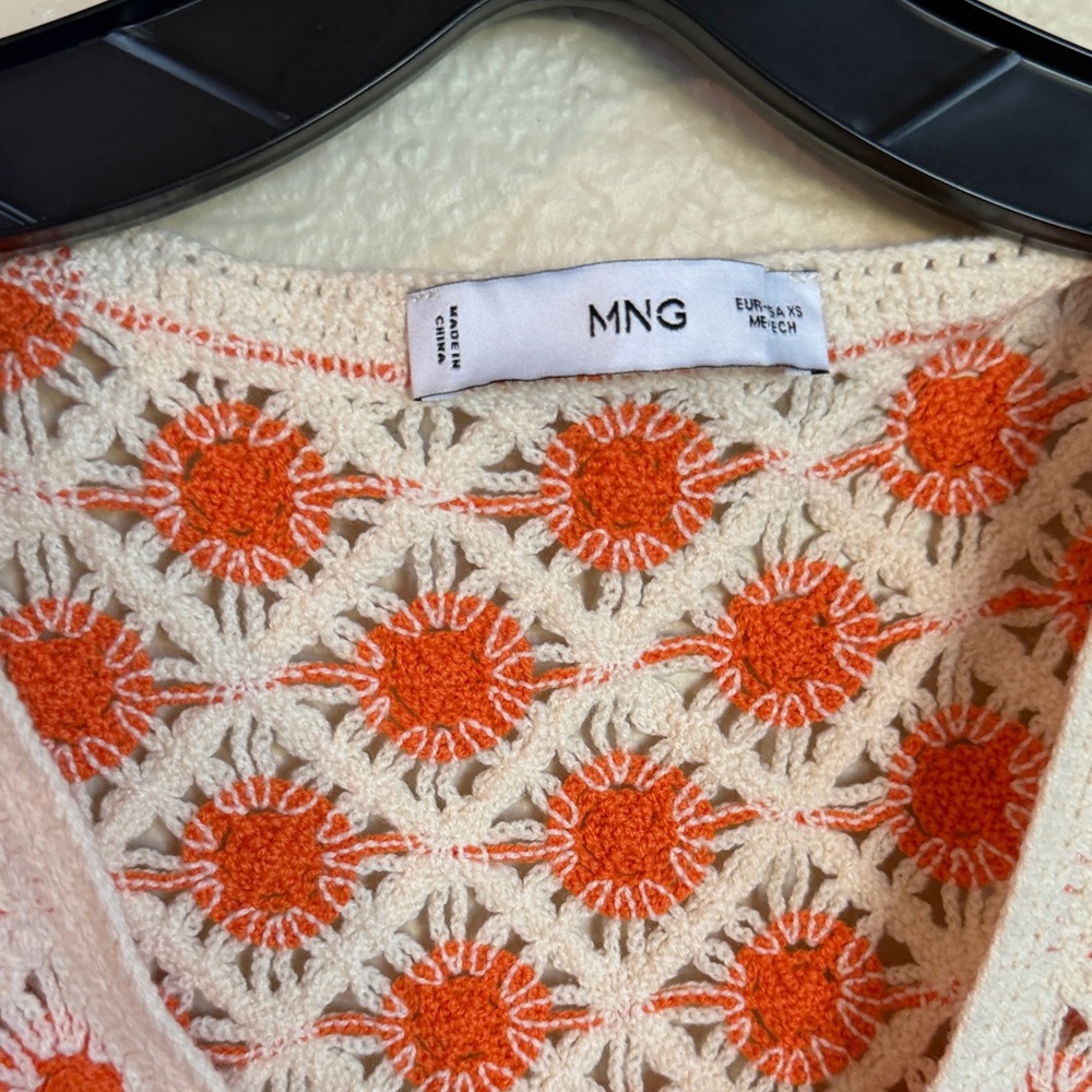 Mango Crochet Tie-Front Vest in Cream & Orange - Picture 2 of 4